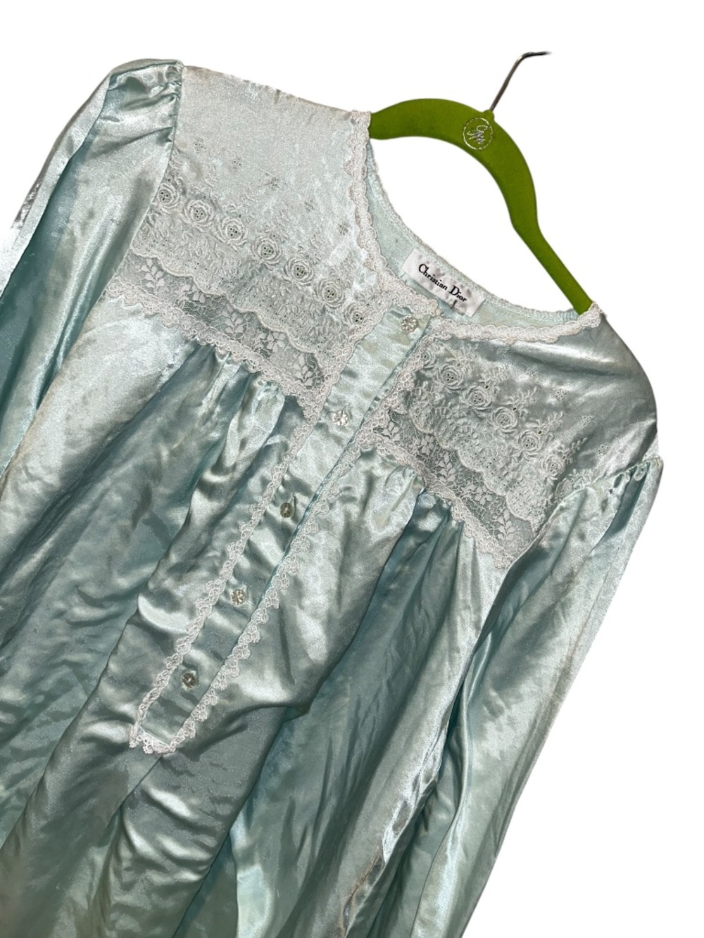 Christian Dior pale aqua sateen puff shoulder lace trim nightgown 2X - Picture 5 of 5